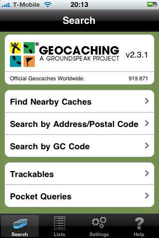 Geocaching App: Home Screen